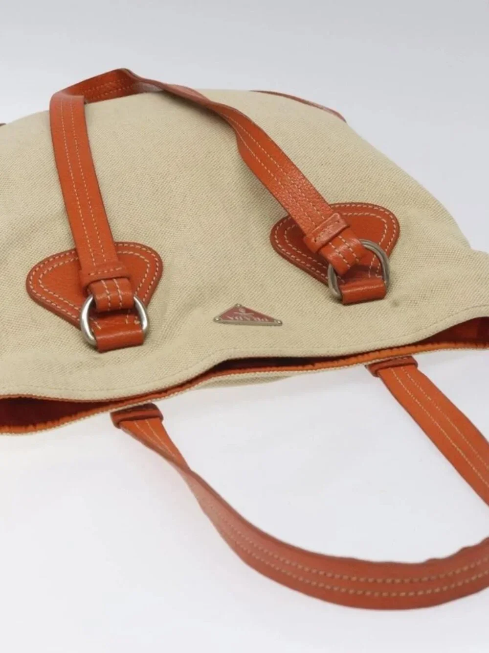 PRADA Hand Bag Canvas Beige Silver Auth EC559